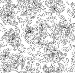 Naklejka premium Vintage floral seamless pattern. Ethnic ornament. Stylized decorative flowers in folk style. Traditional handcraft. Outline seamless texture. Vector illustration.