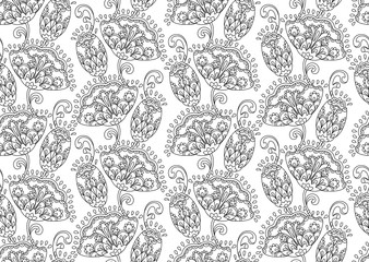 Vintage floral seamless pattern. Ethnic ornament. Stylized decorative flowers in folk style. Traditional handcraft. Outline seamless texture. Vector illustration.
