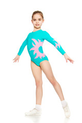 Young girl acrobat perform exercises.