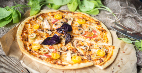 Pizza on the table. Panoramic format for the web site banner