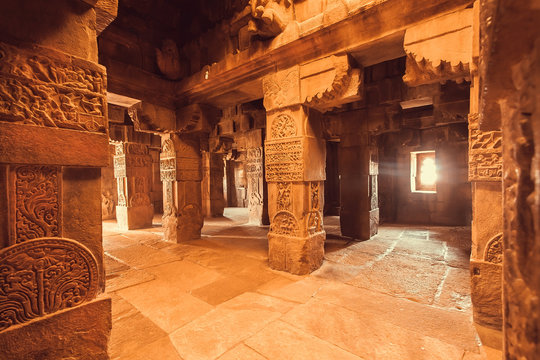 Interior of architecture landmark, Hindu temple in Pattadakal, India. UNESCO World Heritage site with stone carved temples of 7th and 8th-century.