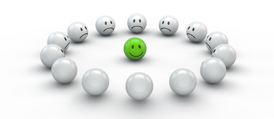 Konzept Neid - Smileys in Runde sind neidisch auf Smiley in der Mitte. Thema Kreativ oder Innovativ