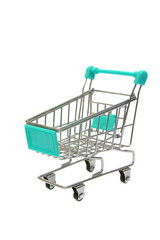 miniature blue trolley supermarket isolated on white background