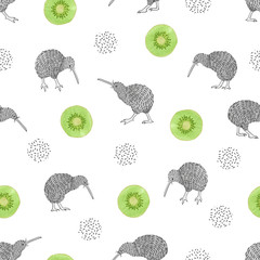 Seamless pattern with watercolor kiwi birds and kiwi fruit slices.