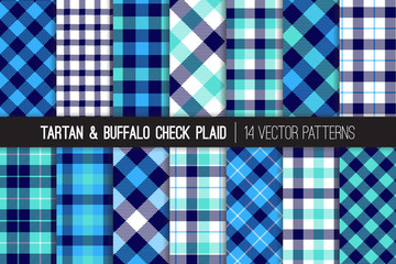 Navy, Blue, White and Aqua Blue Tartan and Buffalo Check Plaid Vector Patterns. Hipster Lumberjack Flannel Shirt Fabric Textures. Pattern Tile Swatches Included.