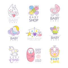 Baby shop set for logo design, hand drawn vector Illustrations