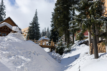 Wooden bridge in a snow-covered skiing town