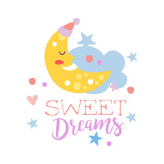 Cute cartoon sleeping crescent and cloud. Sweet dreams colorful hand drawn vector Illustration