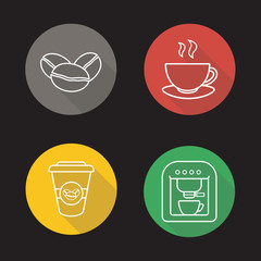 Coffee flat linear long shadow icons set