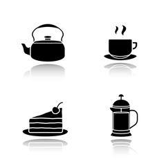 Tea and coffee drop shadow black icons set