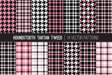 Fototapeta premium French Pink, Black and White Houndstooth Tartan Tweed Vector Patterns. Girly Fashion Textile Backgrounds. Set of Dogs-tooth Check Fabric Textures. Pattern Tile Swatches Included.