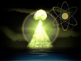 Nuclear explosion with symbol of atomic energy 3d rendering