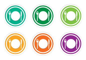 Set of rounded colorful icons with restaurant symbol in green, yellow, orange and purple colors