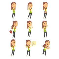 Set of cute businesswoman characters in different poses. Colorful cartoon vector Illustration
