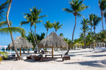 On the beach there are straw houses on the background of palm trees and a beautiful blue sky