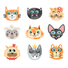 Set of funny cartoon cats heads. Cats different breeds colorful character vector Illustrations