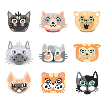 Set of cute cartoon cats heads. Colorful character vector Illustrations