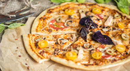 Pizza on the table. Long format for the web site banner