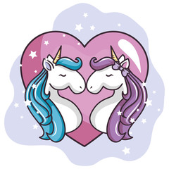 Colorful design with unicorns, heart and stars over white background. Vector illustration.