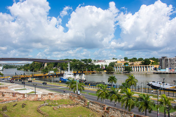 Beautiful landscape of the pond and palm trees in Santo Domingo, Dominican Republic.
