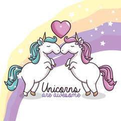 Cute unicorns with heart over white background with rainbow. Vector illustration.
