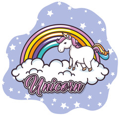 Fototapeta premium Cute unicorn standing on cloud with stars and rainbow behind, over white background. Vector illustration.