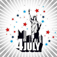 City, statue of liberty silhouettes and stars with 4th of july sign over grey and white background. Vector illustration.