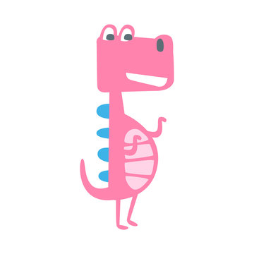Cute funny pink dinosaur standing. Prehistoric animal character colorful vector Illustration
