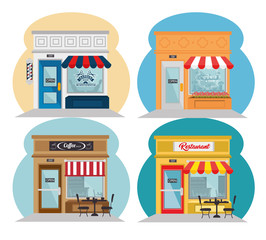 Stores seen from outside icons over white background, vector illustration.