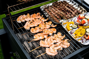 Barbecue grill party. Tasty Fresh food. Shrimps  spit and Beef rolls with bio young spices, chicken strips. bio vegetables