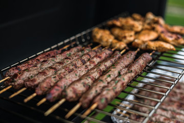 Barbecue grill party. Tasty Fresh food. Shrimps  spit and Beef rolls with bio young spices, chicken strips. bio vegetables