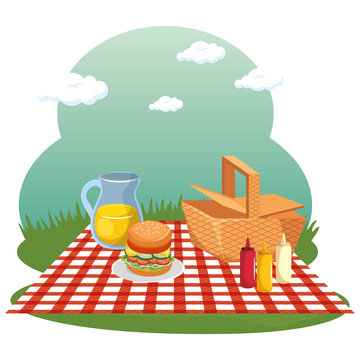 Picnic time design with basket, red gingham pattern blanket and food over field background. Vector illustration.