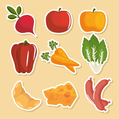 Food related stickers over yellow background. Vector illustration.