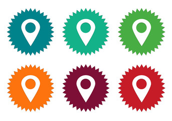 Set of colorful stickers icons with markers on maps in blue, green, orange, red and burgundy colors