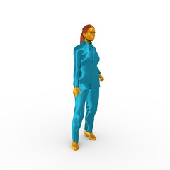 Isolated full-body portrait of a beautiful business woman. 3D rendering. Metallic material suit and body