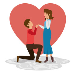 Man on his knees holding his girlfriend's hand and heart over white background. Vector illustration.