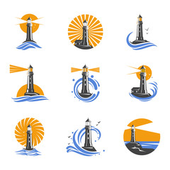 Lighthouse among sea waves vector icons