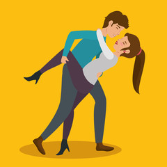 Couple leaning over for kiss over yellow background. Vector illustration.