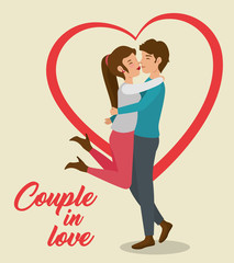 Boy picking girl up for kiss with heart and couple in love sign over beige background. Vector illustration.