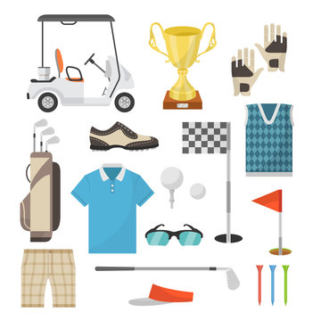 Icons of sports equipment for playing golf in a flat style
