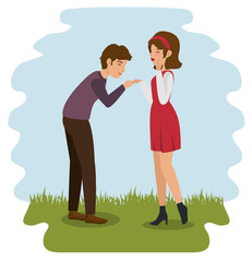 Boy leaning over and holding girl's hand and green grass over white background. Vector illustration.