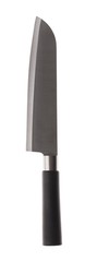 Kitchen metal knife like santoku with black handle on white background