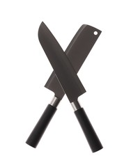 Two chief kitchen like santoku metal knives for meat fish vegetables with black handles on white background