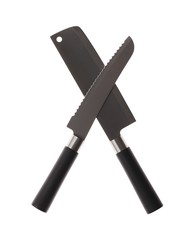 Two santoku kitchen knives for fruits fish vegetables meat with black handles on white background