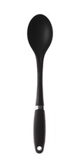 Close up of plastic kitchen black soup sauce big spoon isolated white background Culinary and Utensil Set