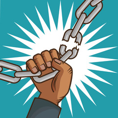 afro american persons hand breaking a chain  over white and teal background. Vector illustration.