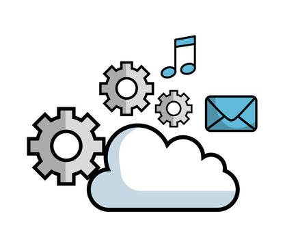 Gear wheels, cloud, beam notes and blue envelope over white background. Vector illustration.