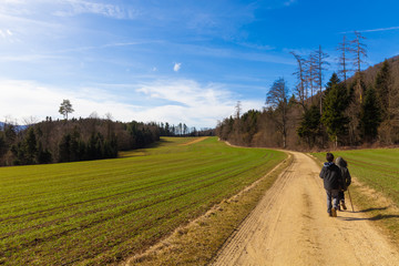 Children in nature, agricultural landscape, fields in autumn