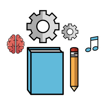 Book, pencil, brain, gear wheels and beam notes over white background. Vector illustration.