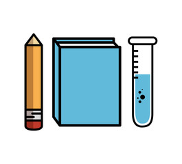 Pencil, blue book and  test tube over white background. Vector illustration.